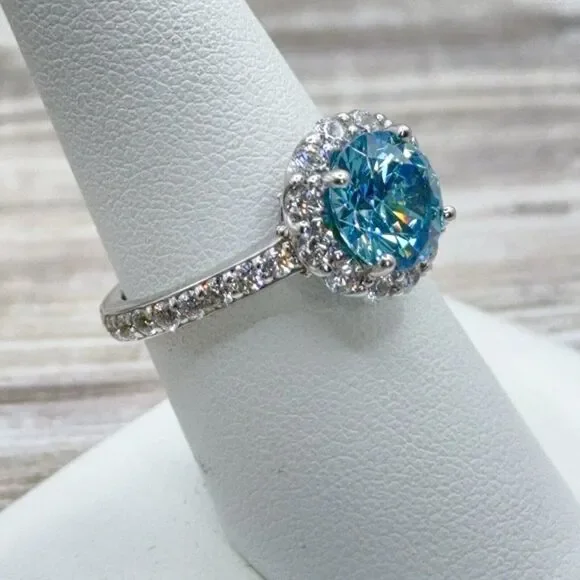 Sterling Silver Ring Sky Blue CZ Faceted Solitaire Halo Clear CZ Size 7.75 Prong - Picture 14 of 14